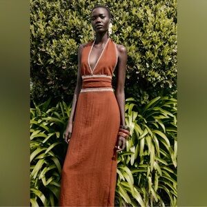 Zara Terracotta Embroidered Halter Dress NWT